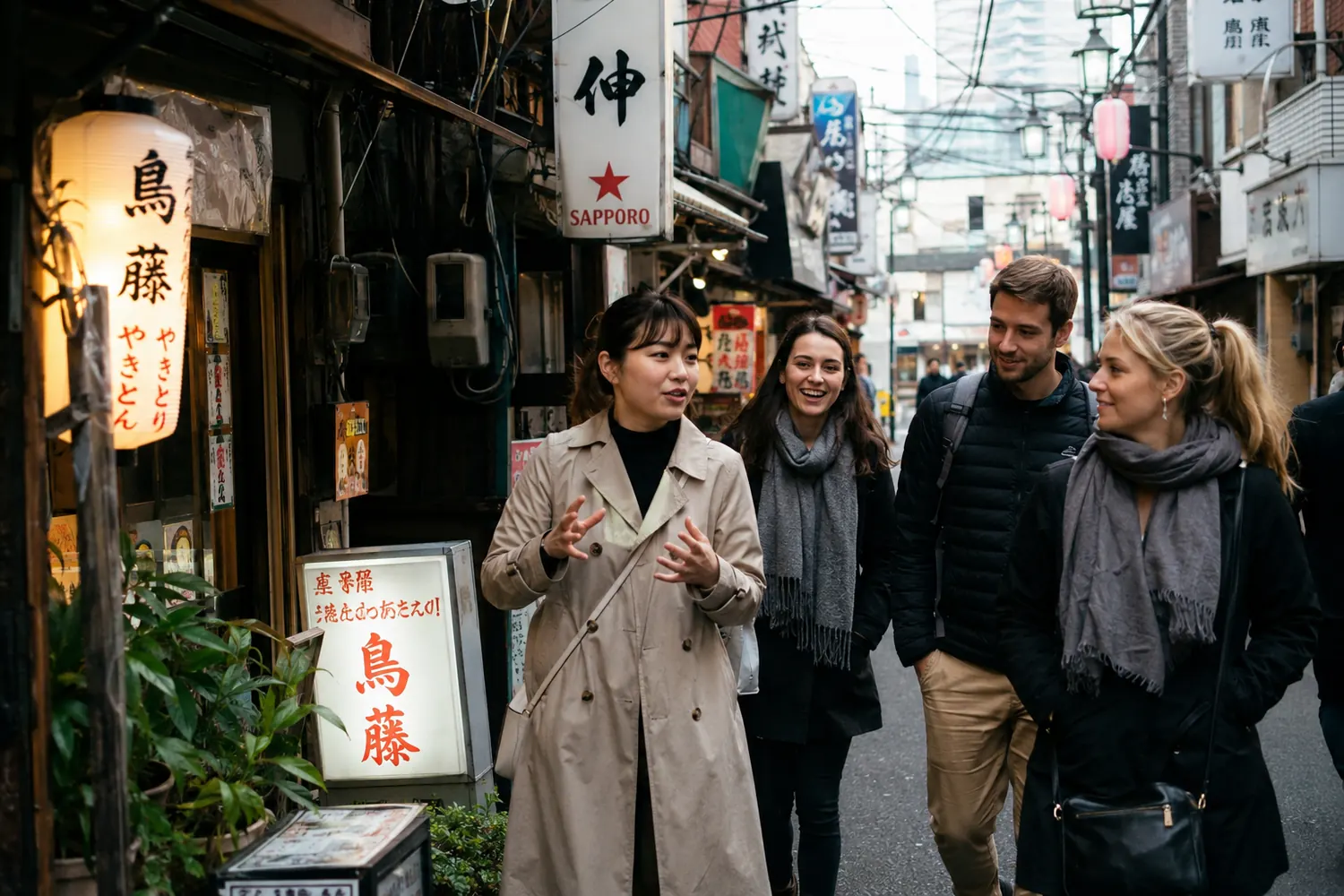 A local host walking with a small group through a Tokyo alley