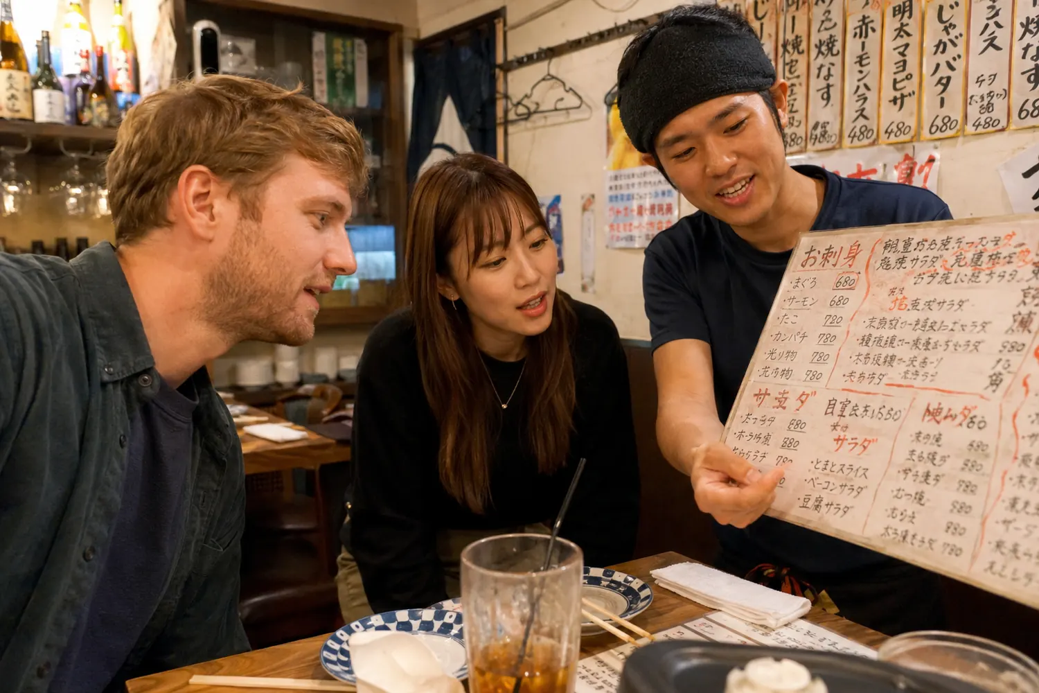 Food host explaining a handwritten menu to travelers