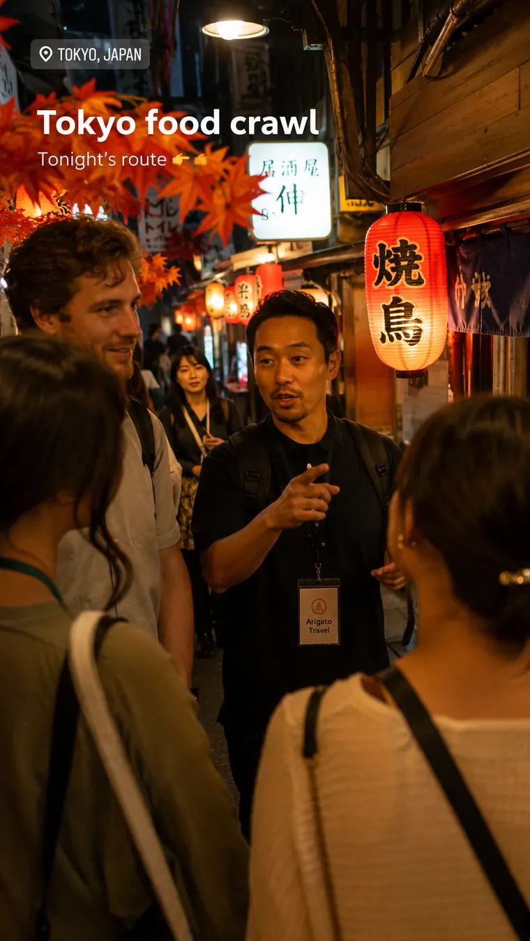 Vertical Tokyo food crawl story photo with travelers at night