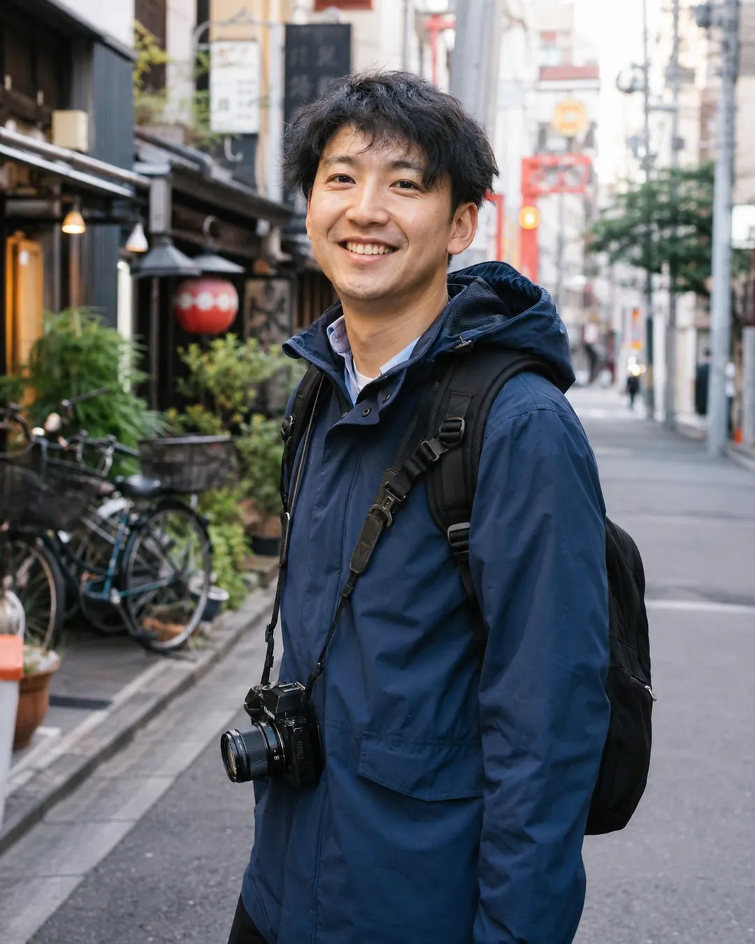 City walker host portrait in a neighborhood street