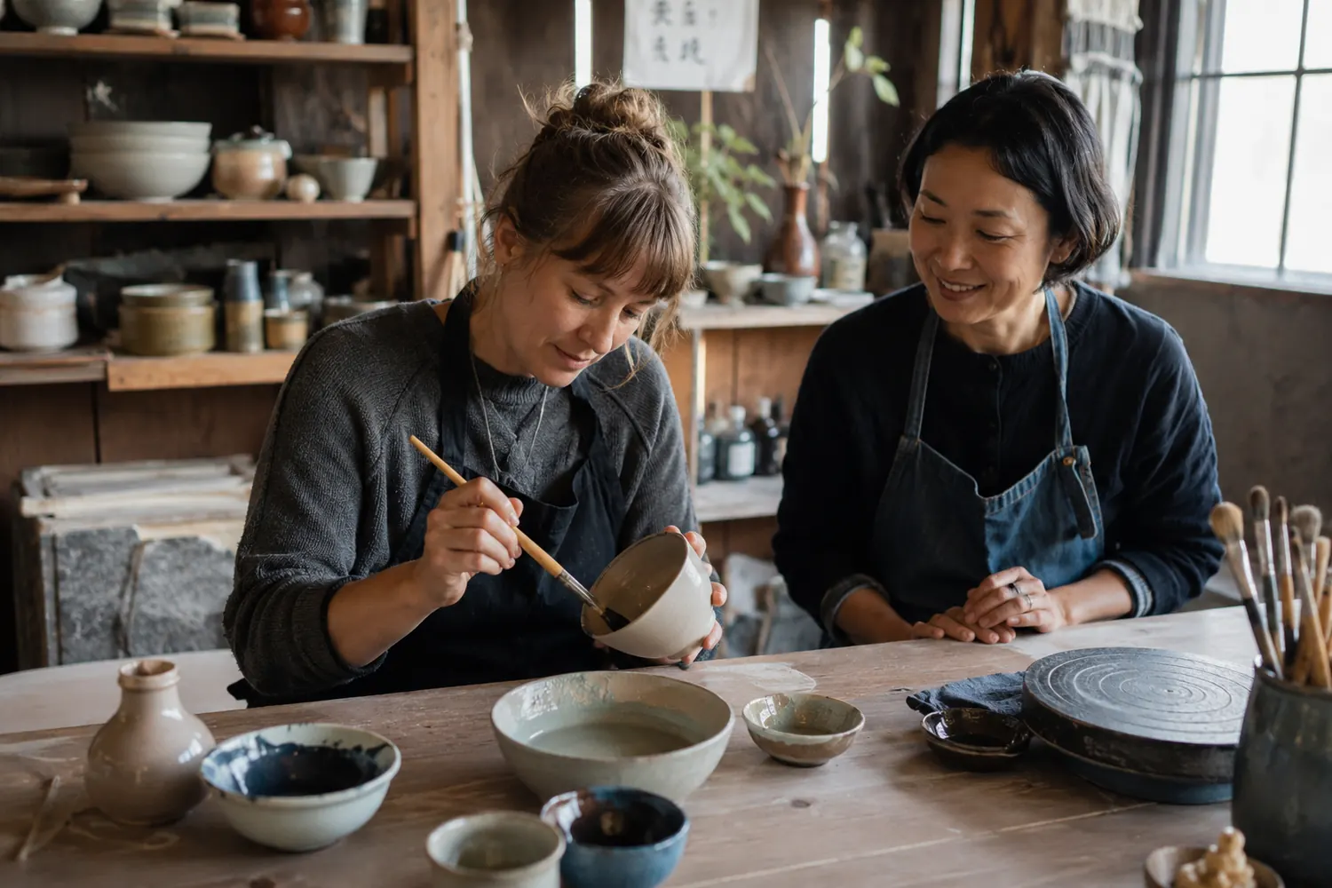 Guest glazing pottery with a craft host