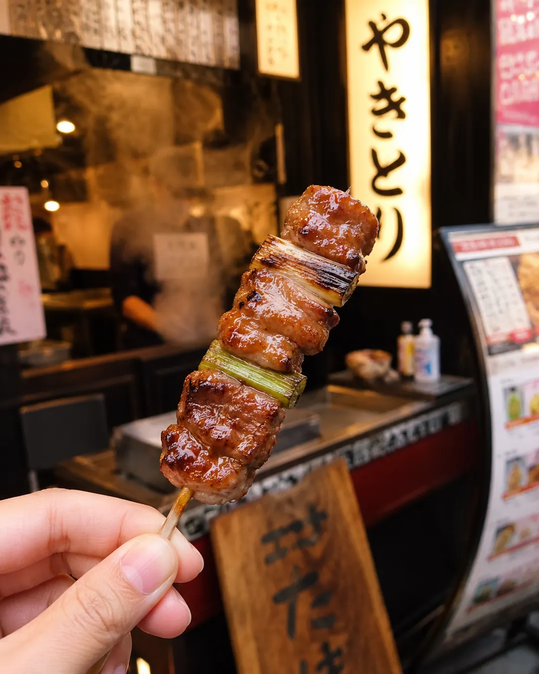 Hand holding yakitori outside a small local shop
